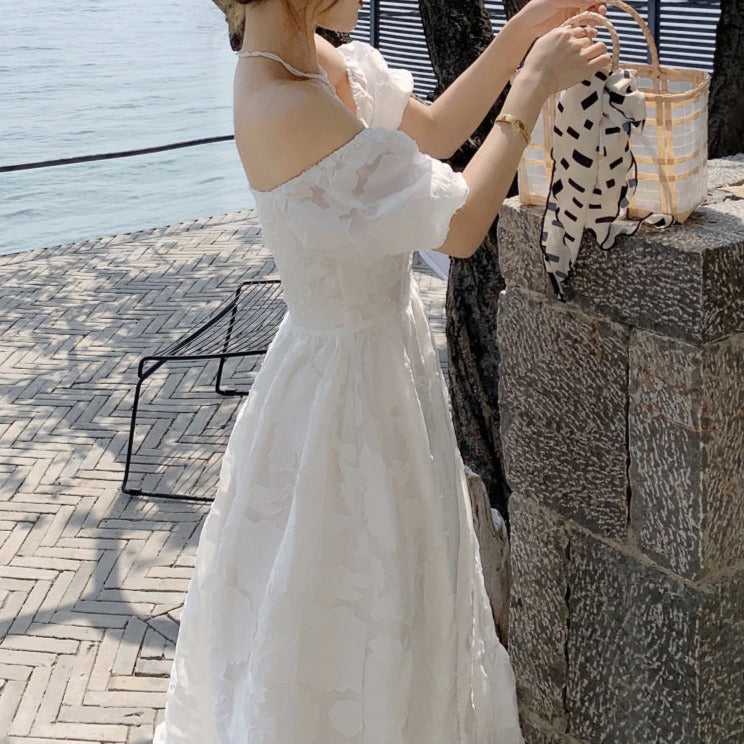 ジャガードパフスリーブワンピース♡清楚で大人可愛いサマードレス S1669