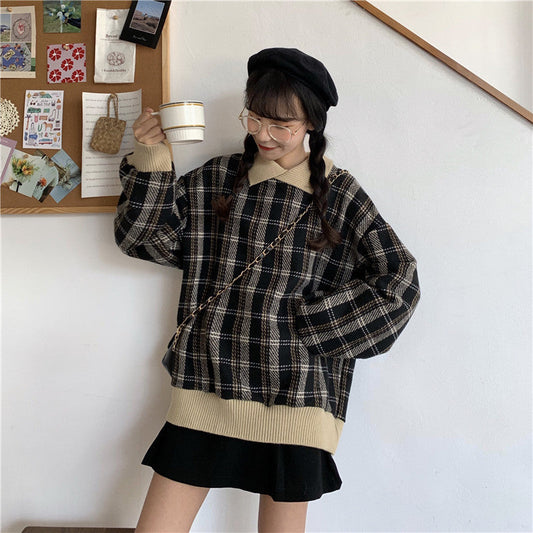 ポロ風カラーチェックニット♡ゆるかわオーバーサイズ S1223