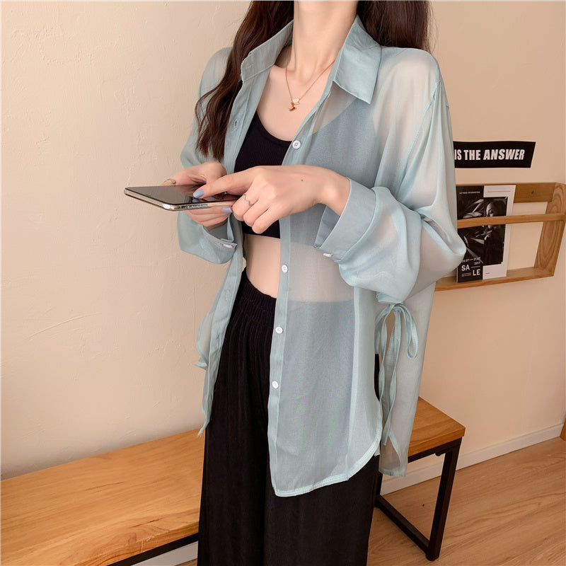 6色展開 シースルーサイドリボンシャツ 大人可愛い S1632