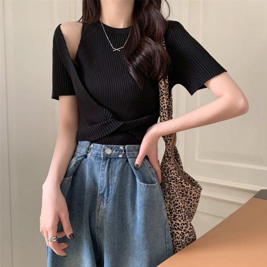 アシメリブトップス パフスリーブで華奢見え S1626