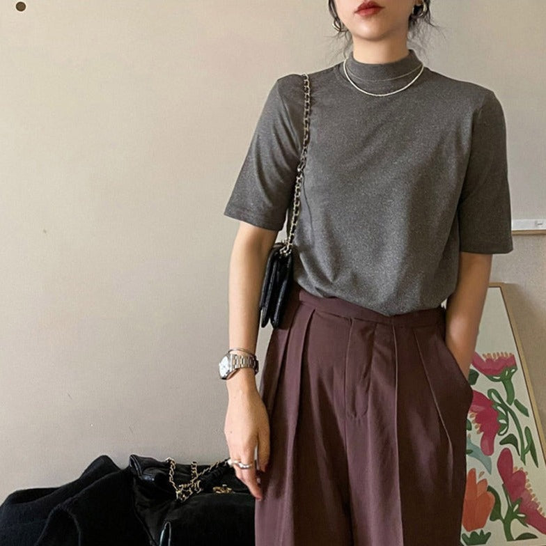 バイカラー襟の大人可愛いモックネックTシャツ S1164