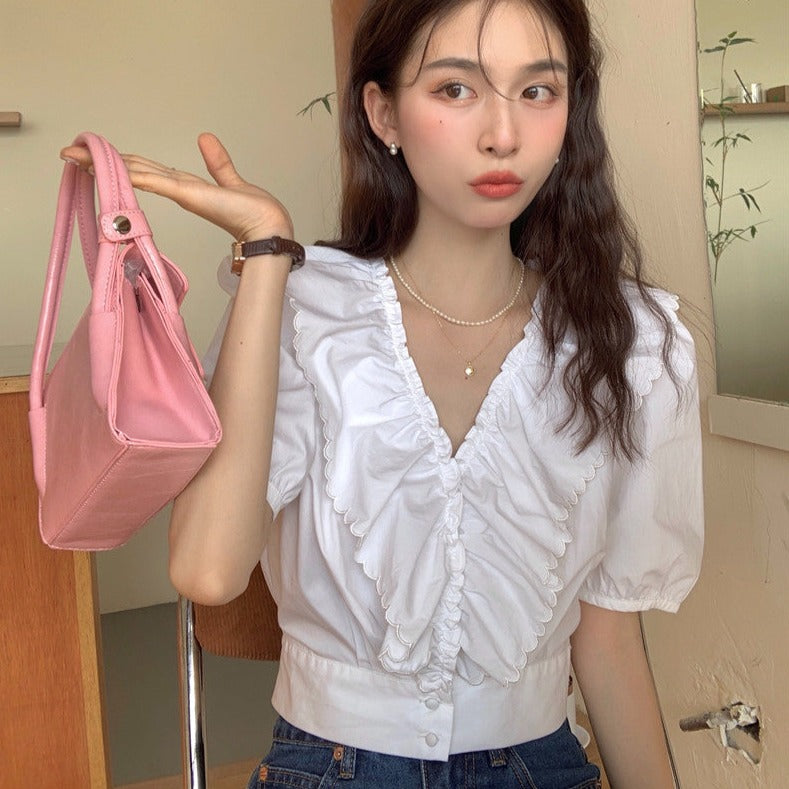 Vネックフリルブラウス パフスリーブで大人可愛い♡ S1890