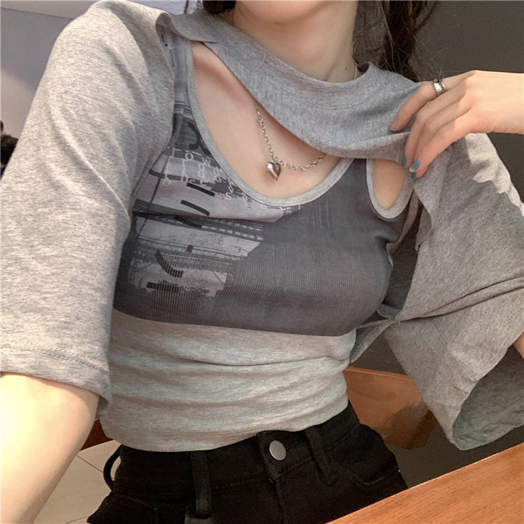 アシメデニム風半袖Tシャツ♡2WAYで着回し自在 S1677