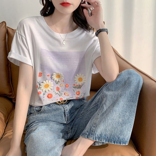 立体フラワー刺繍Tシャツ♡夏らしい可愛いデザイン S1401