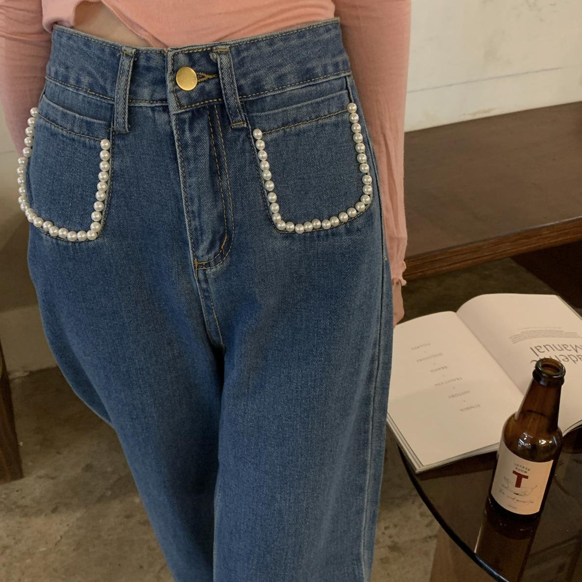 パールデニムパンツ ハイウエストで大人可愛い S2508