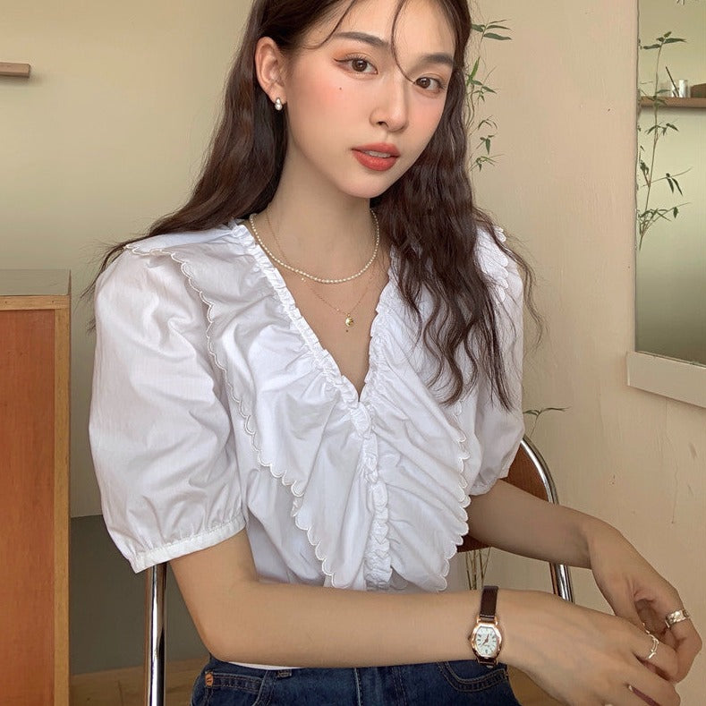 Vネックフリルブラウス パフスリーブで大人可愛い♡ S1890