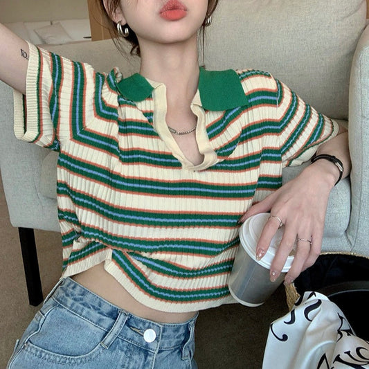 襟付きボーダーリブニット カラフルネックラインで華奢に♡ S1408