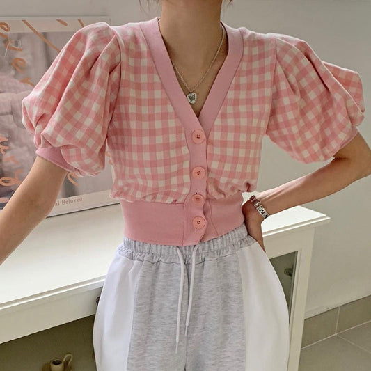 ガーリーなパフスリーブギンガムチェックカーディガン S1479