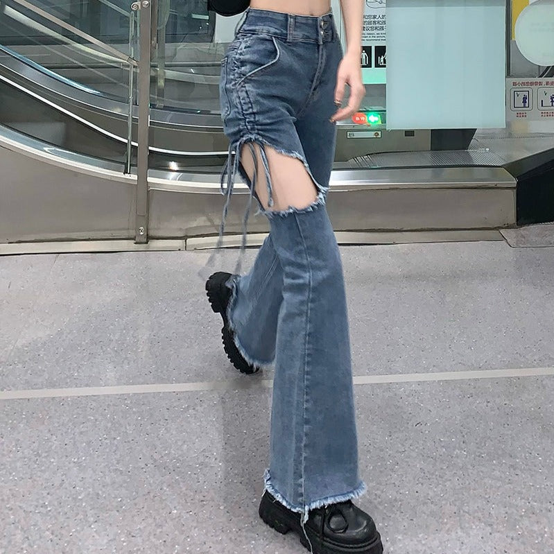 オープンカットダメージデニム 美脚ストレート S2274