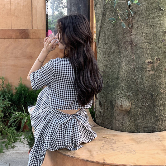 バックオープンギンガムワンピース♡リボン付き S1527