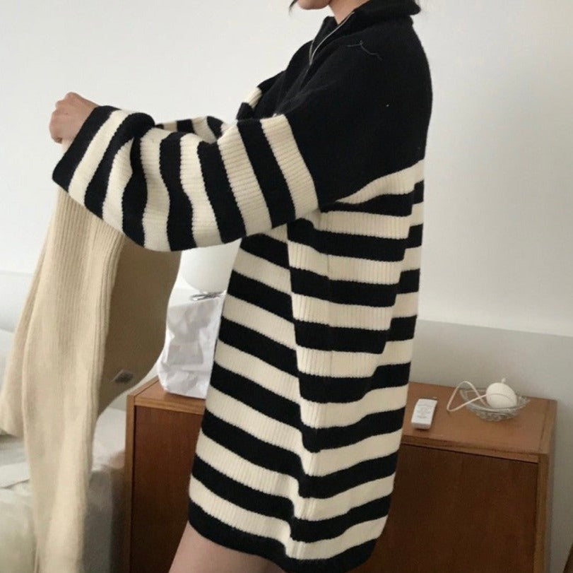 ハーフジップモノトーンボーダーニットワンピ♡ S1082