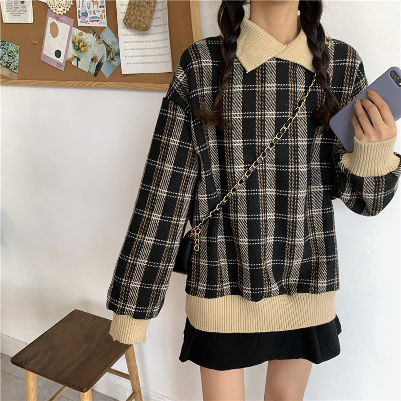 ポロ風カラーチェックニット♡ゆるかわオーバーサイズ S1223