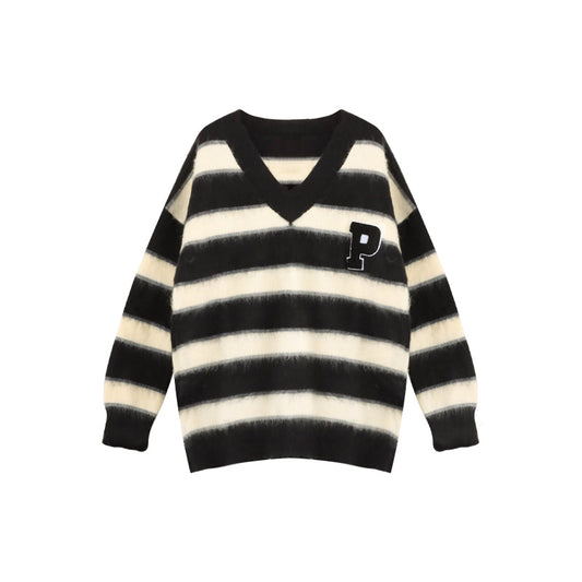 アルファベットボーダーニット かわいいビッグシルエット S1121