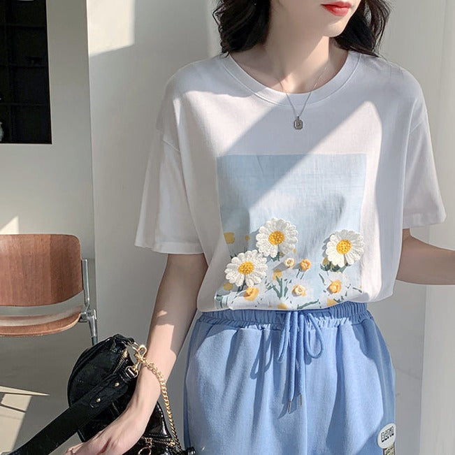 立体フラワー刺繍Tシャツ♡夏らしい可愛いデザイン S1401