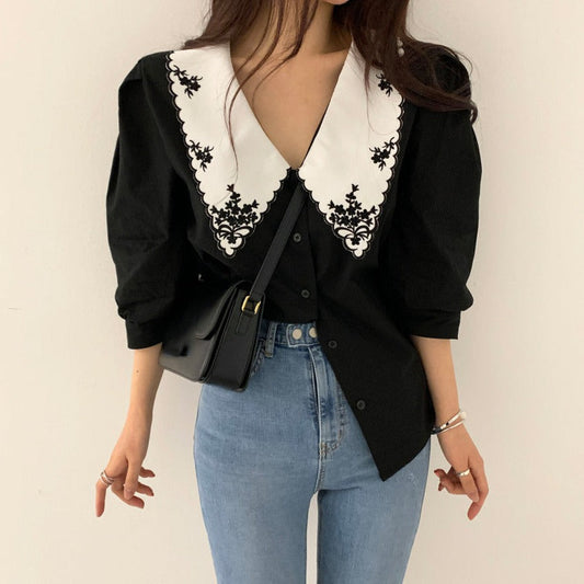 花刺繍フリル襟ブラウス S1438