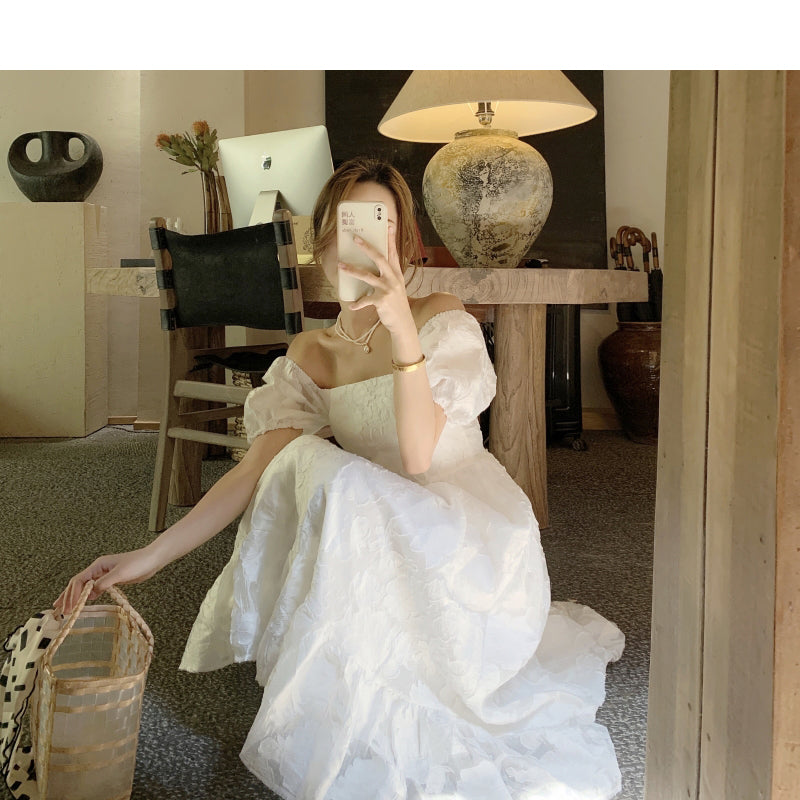 ジャガードパフスリーブワンピース♡清楚で大人可愛いサマードレス S1669