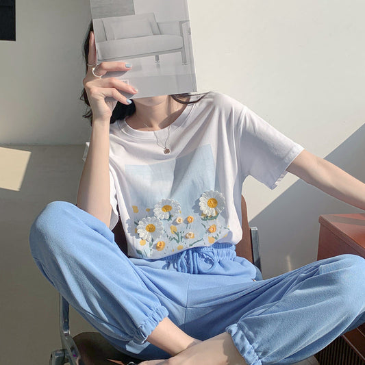 立体フラワー刺繍Tシャツ♡夏らしい可愛いデザイン S1401