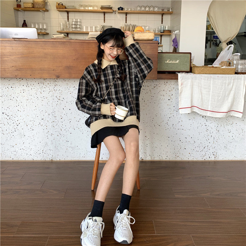 ポロ風カラーチェックニット♡ゆるかわオーバーサイズ S1223