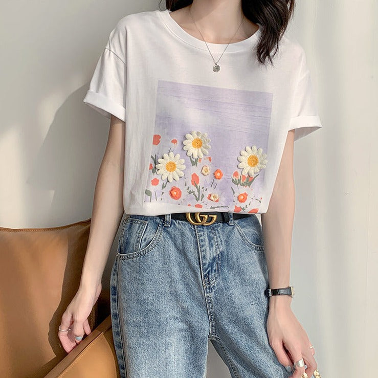 立体フラワー刺繍Tシャツ♡夏らしい可愛いデザイン S1401