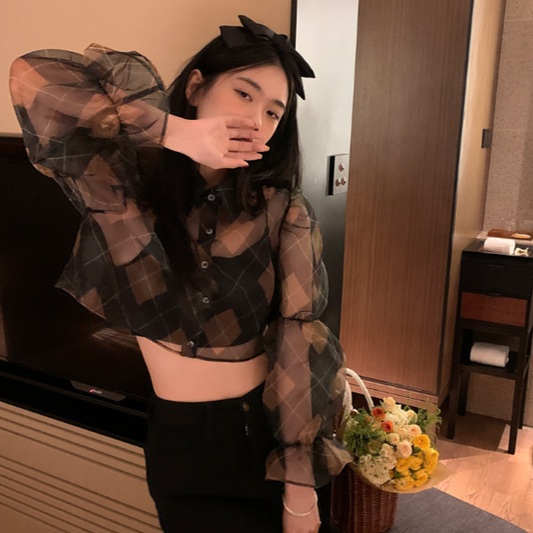 ガーリーなチェックシアーシャツセット S1883