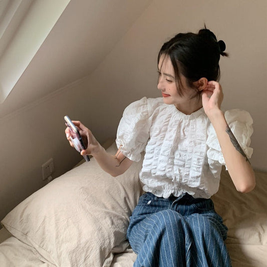 フレンチワッフルパフスリーブトップス♡大人可愛いワンピース風 S1876