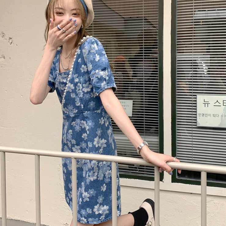 花柄デニムワンピース フェミニンなデザインで可愛く着こなす S1840