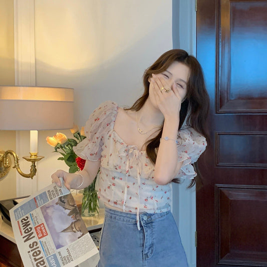 花柄パフスリーブクロップトップス S1567