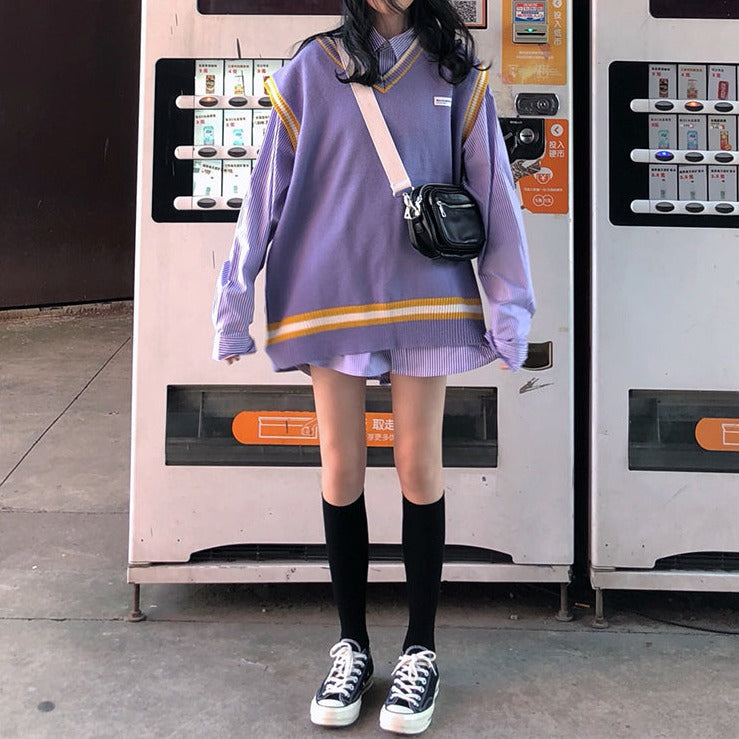 Vネックニットベスト♡カレッジ風ラインが可愛い S1738
