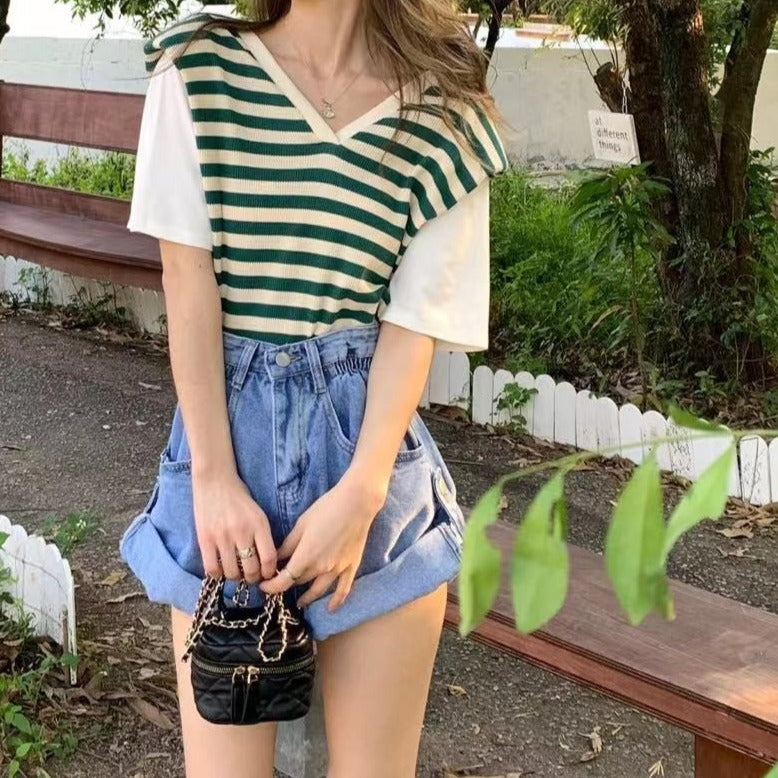 リボンボーダーVネックニット♡バックリボンが可愛い S1175