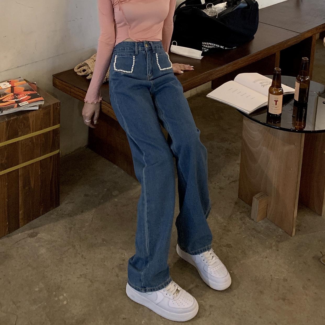 パールデニムパンツ ハイウエストで大人可愛い S2508
