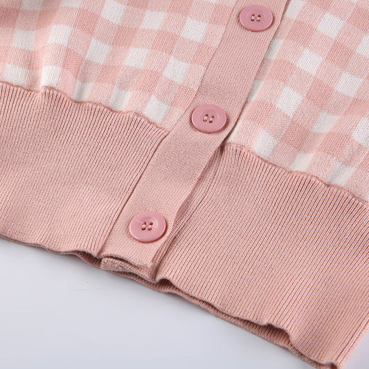 ガーリーなパフスリーブギンガムチェックカーディガン S1479