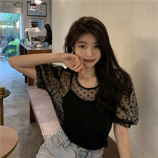 ドットシアーブラウス キャミ付き 大人可愛い S1570