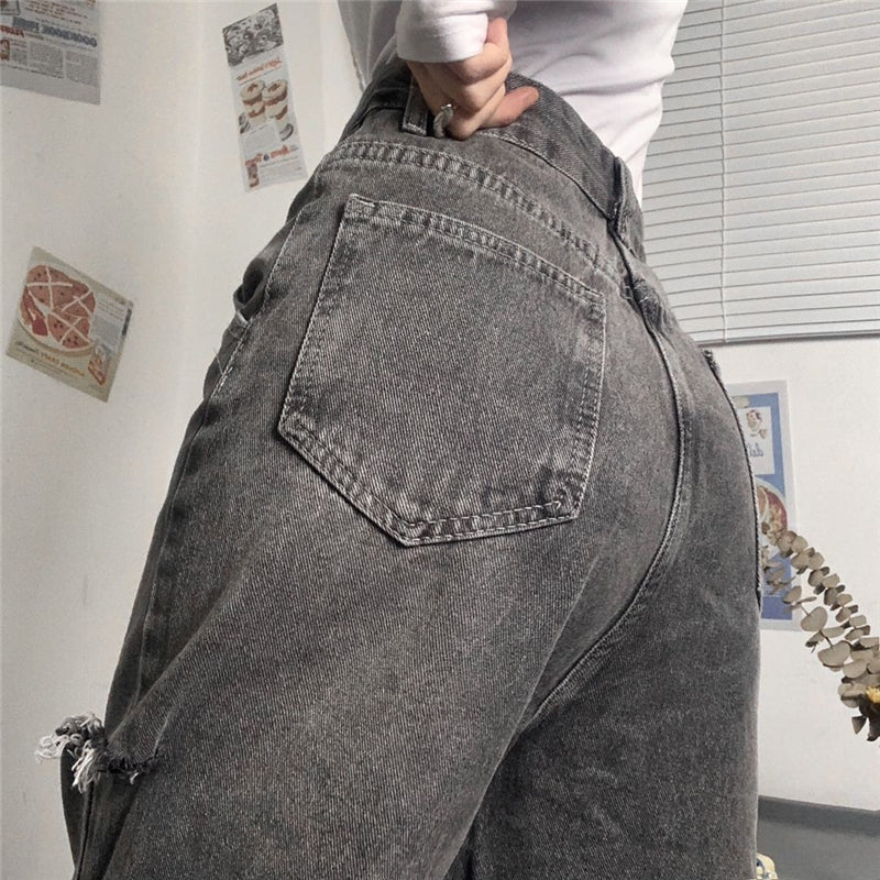 ダメージ加工ブラックデニムパンツ♡美脚ストレート S2210