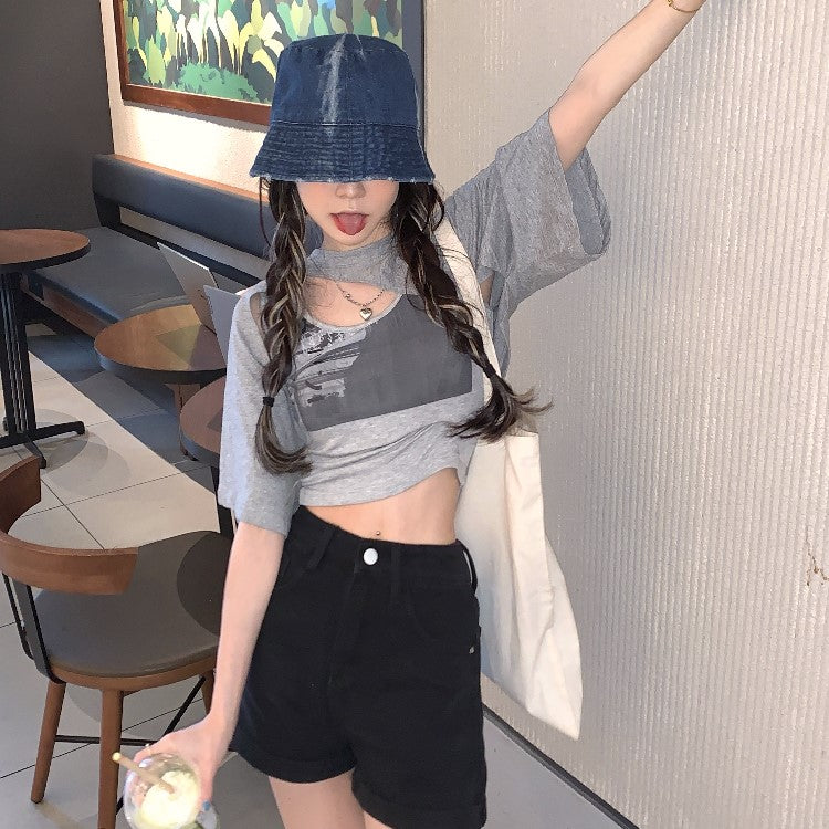 アシメデニム風半袖Tシャツ♡2WAYで着回し自在 S1677