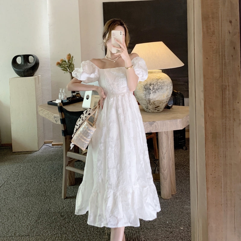 ジャガードパフスリーブワンピース♡清楚で大人可愛いサマードレス S1669