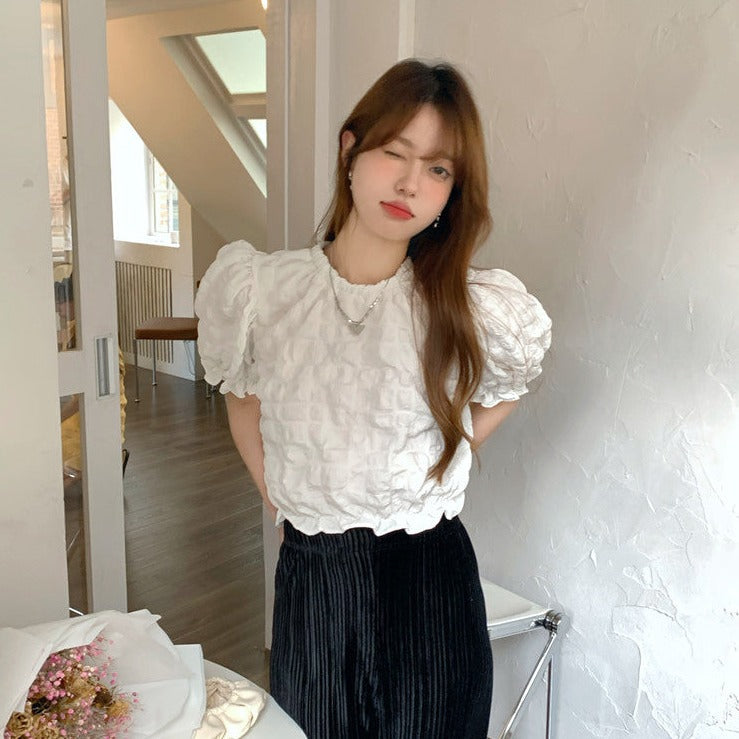 フレンチワッフルパフスリーブトップス♡大人可愛いワンピース風 S1876
