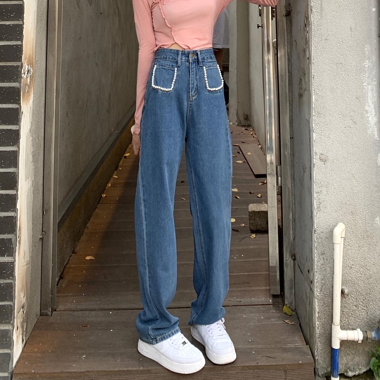 パールデニムパンツ ハイウエストで大人可愛い S2508