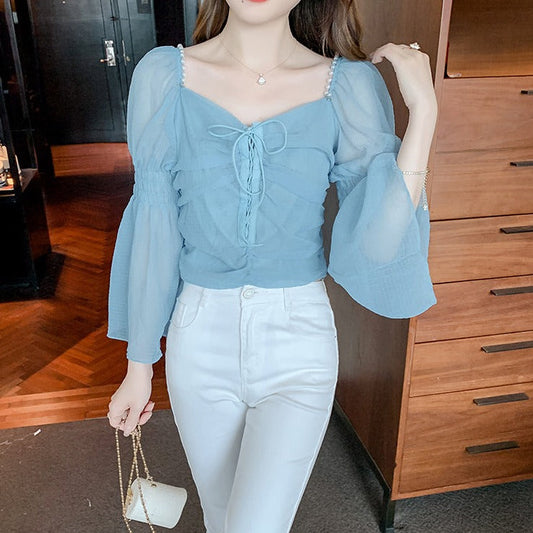 パールストラップオフショルブラウス 大人可愛い花柄 S1483