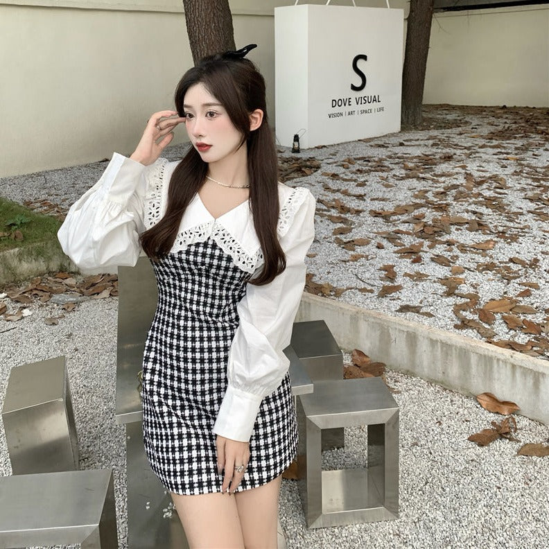 モノトーンチェックのフェイクレイヤードワンピース S2492