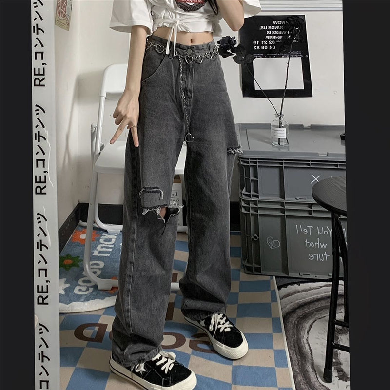 ダメージ加工ブラックデニムパンツ♡美脚ストレート S2210