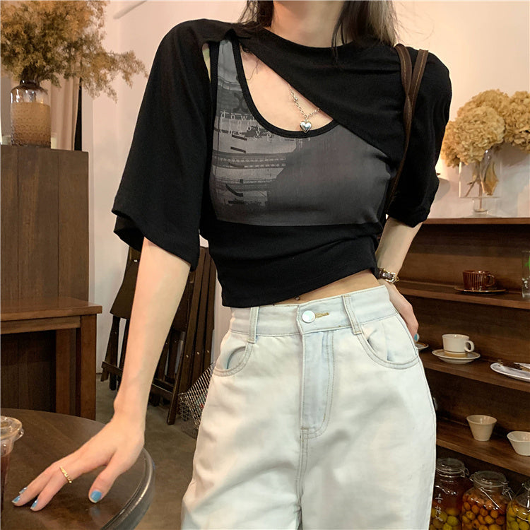 アシメデニム風半袖Tシャツ♡2WAYで着回し自在 S1677