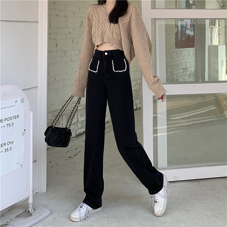 パールデニムパンツ ハイウエストで大人可愛い S2508
