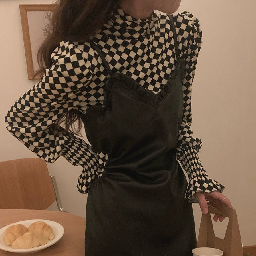 ブロックチェック×フェイクレザー キャミワンピセット S1292