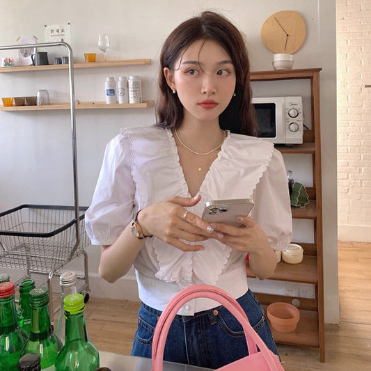 Vネックフリルブラウス パフスリーブで大人可愛い♡ S1890