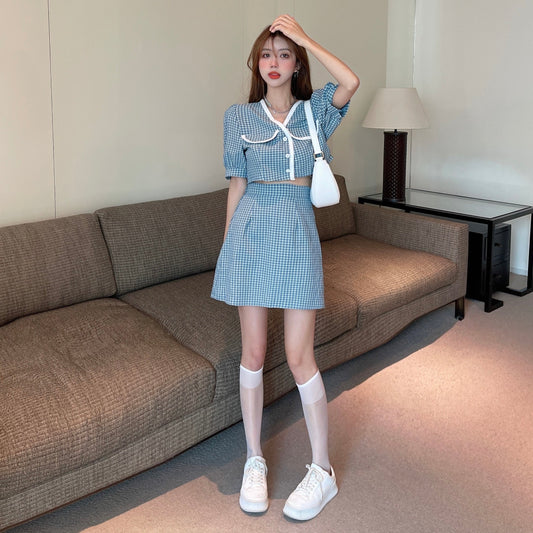 ブルーチェックパフスリーブセットアップ♡可愛いデザイン S1480