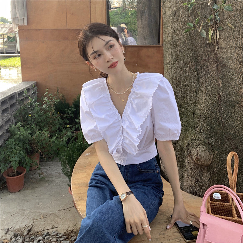 Vネックフリルブラウス パフスリーブで大人可愛い♡ S1890