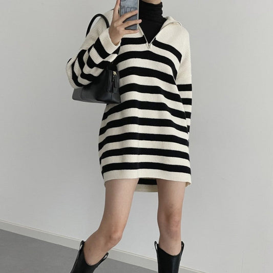 ハーフジップモノトーンボーダーニットワンピ♡ S1082