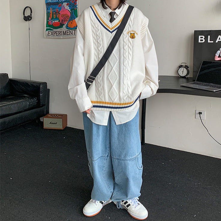 ベア刺繍ニットベスト【ユニセックス】レトロで可愛い S1239