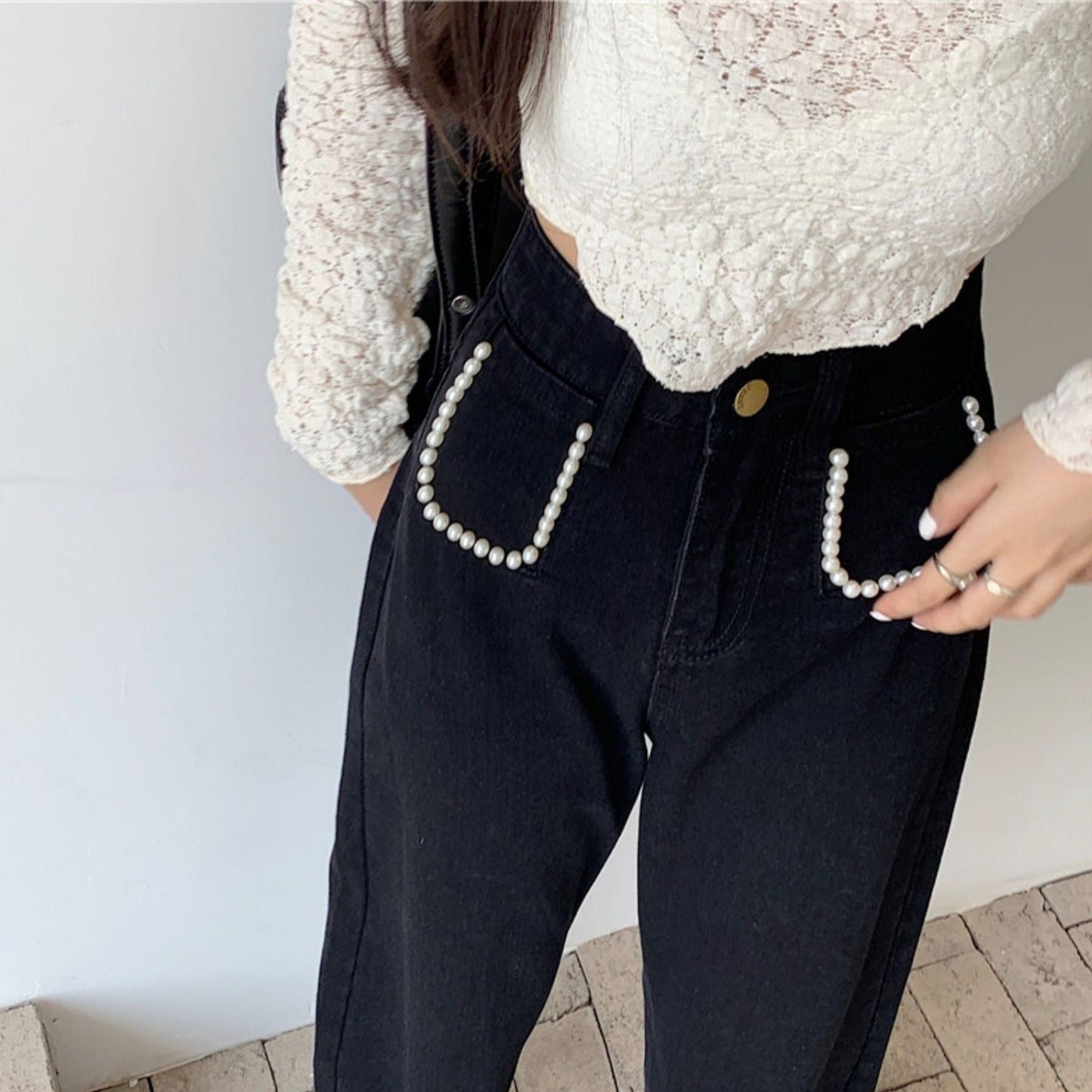 パールデニムパンツ ハイウエストで大人可愛い S2508