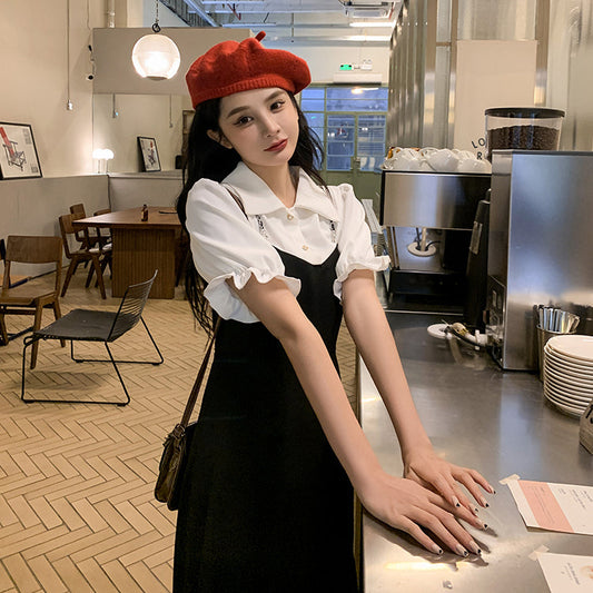 フェイクレイヤードパフスリーブワンピース♡ナチュラルな着こなし S1481